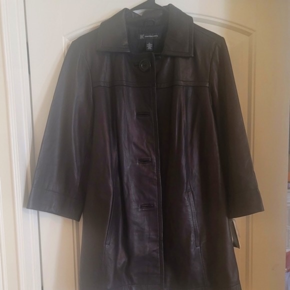 NWT INC Black Genuine Leather Trench Button Long Sleeve Coat Jacket Size…